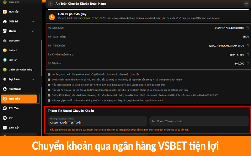 Chuyển khoản qua ngân hàng VSBET tiện lợi Chuyển khoản qua ngân hàng VSBET tiện lợi